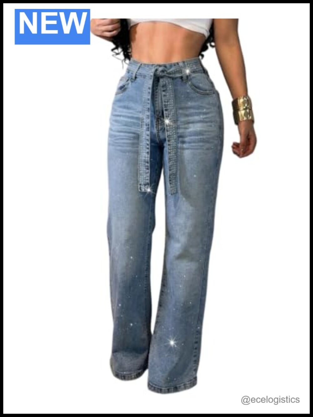 High Waisted Wide Leg Jeans with Rhinestones & Belt, Stretchable